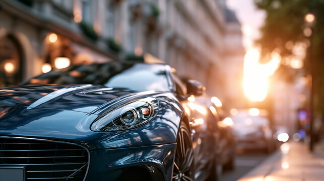 Close up modern luxury sports coupe parked on bright upscale street with classic architecture high quality lifestyle vehicle with warm natural lighting and sophisticated urban