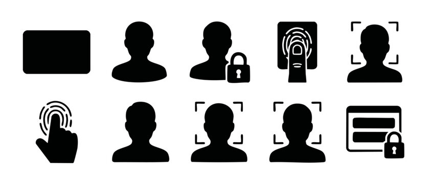 Biometric Authentication Security Icons Set, Digital User Access and Identity Verification Symbols, Fingerprint Scanner and Face Recognition Flat Vector Graphics for Modern Cyber Security Web Interfac