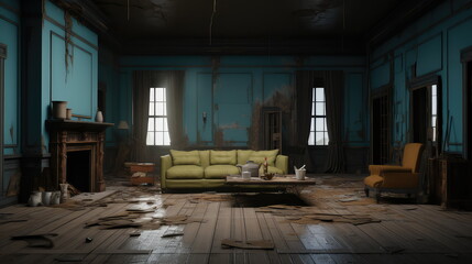 Obraz premium Dilapidated living room featuring peeling teal wallpaper, exposed brick, and damaged furniture, conveying neglect and the passage of time in a forgotten interior space