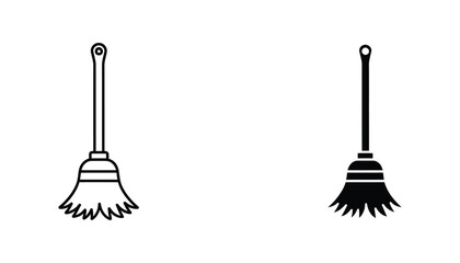 Small handheld broom icon set for dusting and cleaning in outline and solid black vector style for household maintenance © Prism