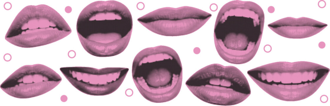 Pop Art Mouth and Lips Collection with Open Mouth Smile and Talking Expressions Halftone Style