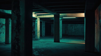 Naklejka premium Derelict urban basement with concrete pillars, graffiti streaked walls and dim teal green light casting moody shadows in an eerie, abandoned underground space