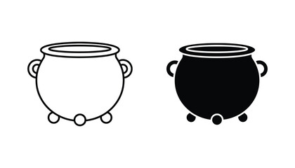 Traditional cauldron pot icon in black and white line art and solid silhouette styles for fantasy and magic graphic design © Prism