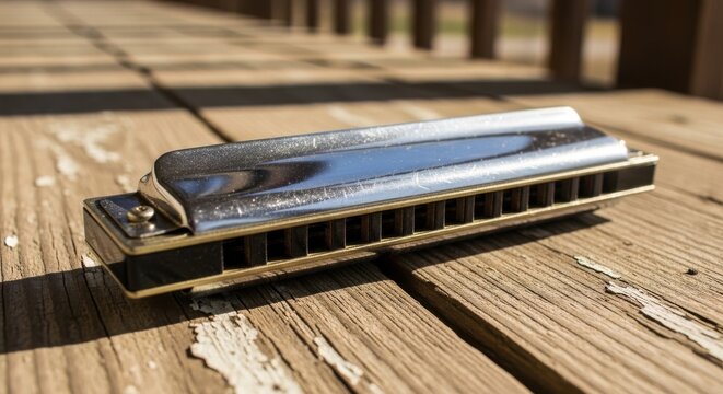 Close-up of a vintage silver-plated harmonica resting on a weathered wooden deck in sunlight