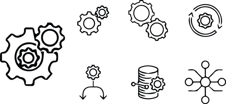 Technology process and workflow gear line icon set with system automation, data management, network connections, outline vector illustration collection