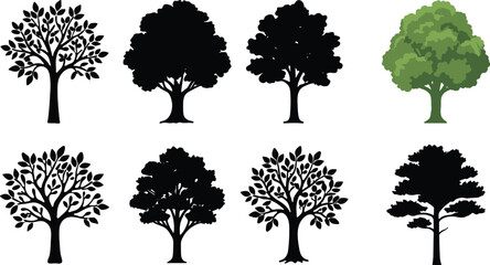 Fototapeta premium Tree silhouette collection with leafy, rounded, and stylized forest icons, isolated vector illustration set for landscaping, ecology, and design projects