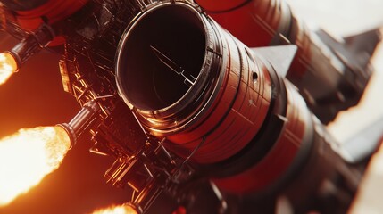 Fototapeta premium Launching modern spacecraft with multiple engines igniting, producing bright flames and exhaust for propulsion, representing progress, technology, and cosmic exploration