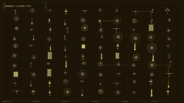 Industrial steamworks hud interface with golden gauges dials and telemetry data readout