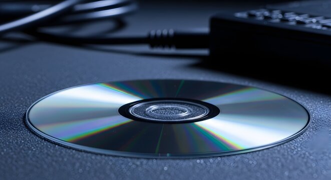 Close up of a shiny cd on a dark surface with a remote control and cord