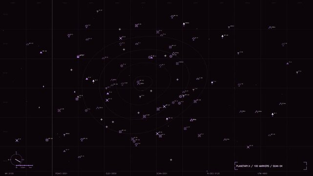 Futuristic tactical radar interface with purple neon data markers and scanning telemetry overlay