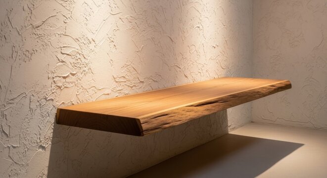 Live edge wooden shelf mounted on a textured plaster wall with dramatic lighting