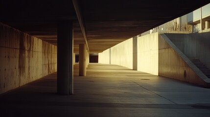 Naklejka premium Concrete pedestrian passage featuring minimalist modern architecture, pillars, and a raw textured wall, creating a dynamic interplay of light and sharp shadows in the warm evening sun