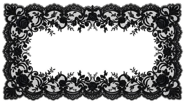 Elegant intricate black lace rectangular floral frame with rose patterns on a clean white background.