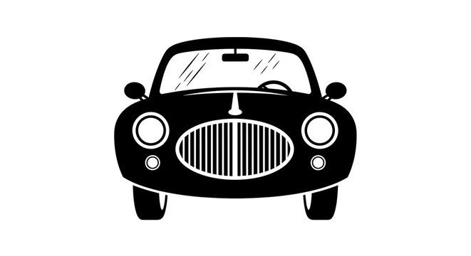 Black and white of a vintage car with headlights and grille