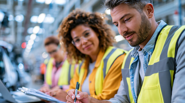 Multiracial team undergoing safety training in bright automotive manufacturing plant environment diverse workforce with organized systematic safety education and professional