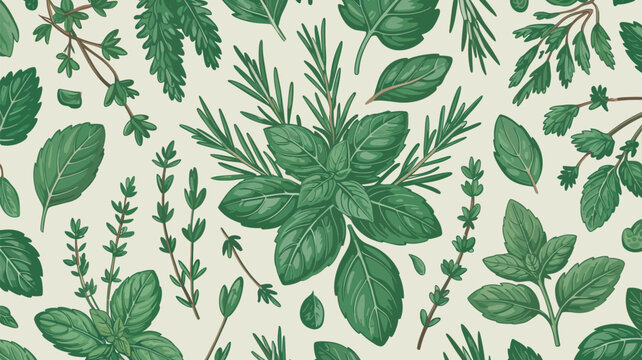 Seamless pattern of fresh green culinary herbs on off-white background