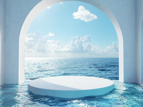 White circular exhibition stand on the sea