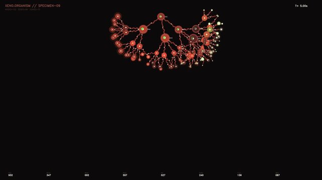 Futuristic biological telemetry HUD displaying xeno organism specimen data analysis on black background