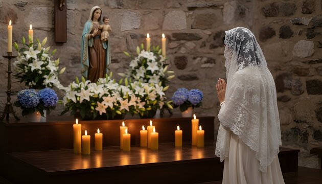 Lady praying at a divine shrine during the Fiesta de la Virgen del Carmen, catholic woman in lace veil honoring our lady of mount carmel for spirituality concept