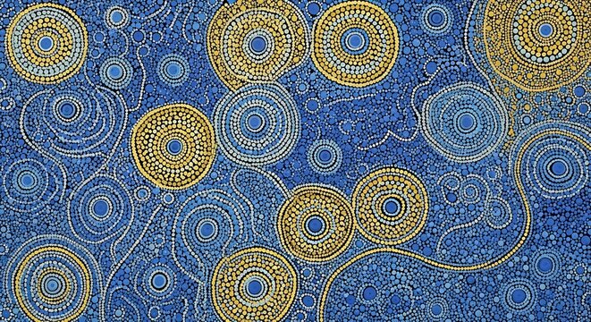 Colorful Aboriginal Dot Pattern Arranged in Blue and Gold Abstract Artwork