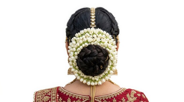 Traditional Indian bridal hairstyle with jasmine flower gajra, elegant braided hair bun with floral accessories, back view of bride in ethnic wedding attire