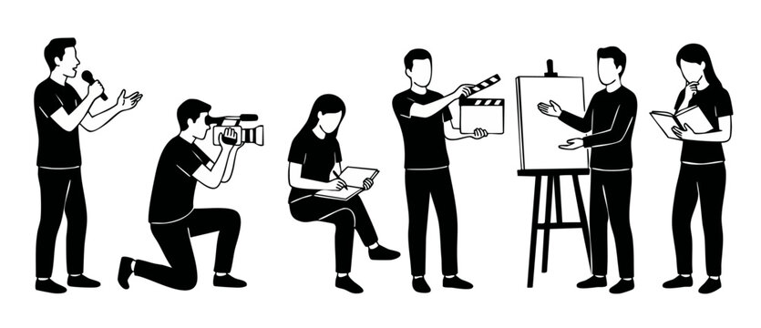 Creative People Characters Set: Filmmaking, Writing, Presentation and Art. Group of Diverse Professionals Working in Media, Creative Arts and Education. Minimalist Vector Illustration Isolated on Whit