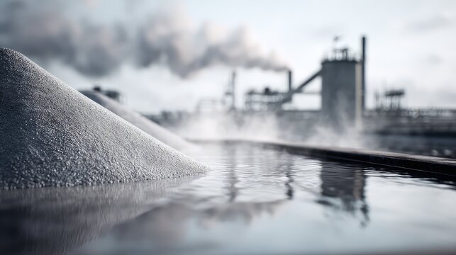 Industrial facility releases steam and smoke into the atmosphere. Creating a distinct visual with raw material piles next to a body of water. Symbolizing environmental impact and industrial processes