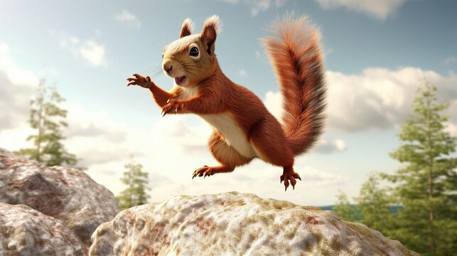 Whimsical red squirrel mid-leap against a serene landscape backdrop composition