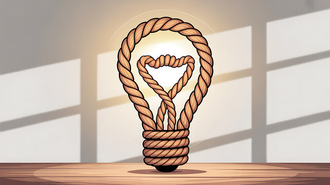 Group Think as a a lightbulb formed from intertwined ropes suggests an idea born from shared strength collective thinking and tightly connected team collaboration. 
