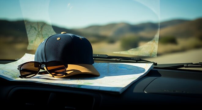 A cap, sunglasses rest on a map spread across a car dashboard, with a blurred outdoor background