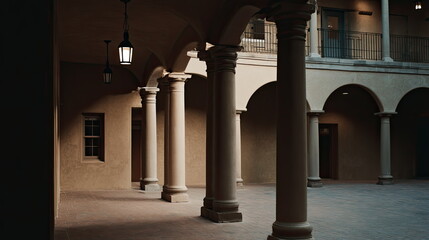 Naklejka premium Building courtyard features a row of columns and arches, with hanging lanterns casting warm light and creating a peaceful ambiance as shadows lengthen in the evening