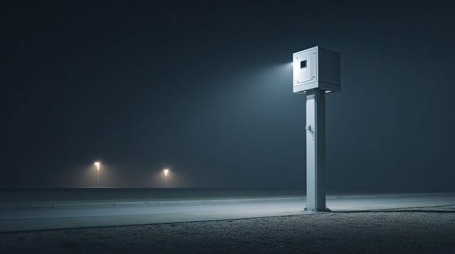 Roadside speed camera beams blue light across a foggy night highway, monitoring traffic and enforcing safety with automated detection, surveillance and precision measurement