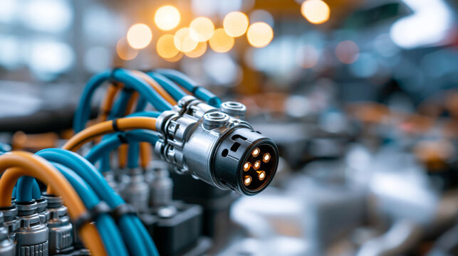 Close up automotive electrical connector with organized wiring in bright clean technical environment contemporary vehicle electrical system component with systematic professional