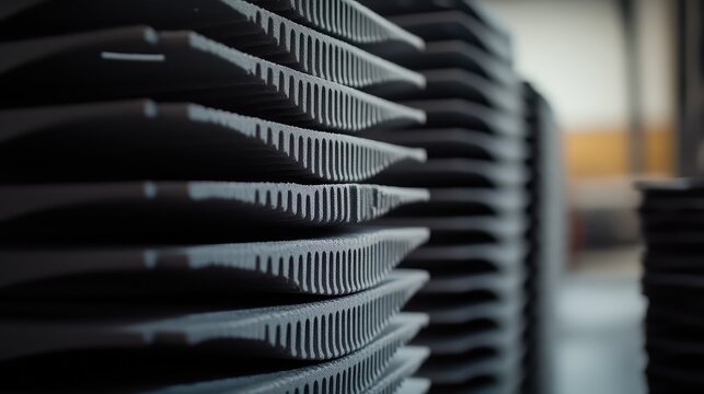 Dark, textured industrial components are precisely stacked, creating repetitive layers and abstract patterns, highlighting manufacturing processes and modern design