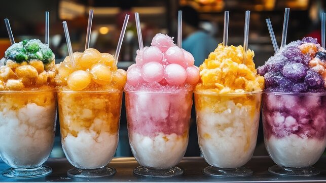 Colorful shaved ice desserts in cups with various toppings.