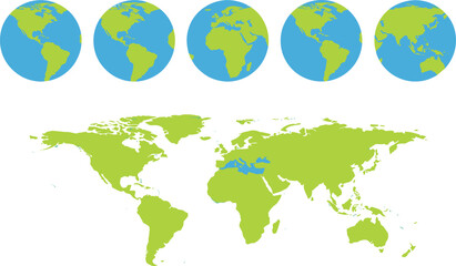World map and globe icon collection featuring various views of earth continents including America Europe Africa and Asia for global geography vector illustration. © Aminul