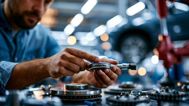 Close up mechanic's hands working on suspension and brake system with bright workshop lighting red hydraulic jack lifting vehicle for systematic undercarriage service and
