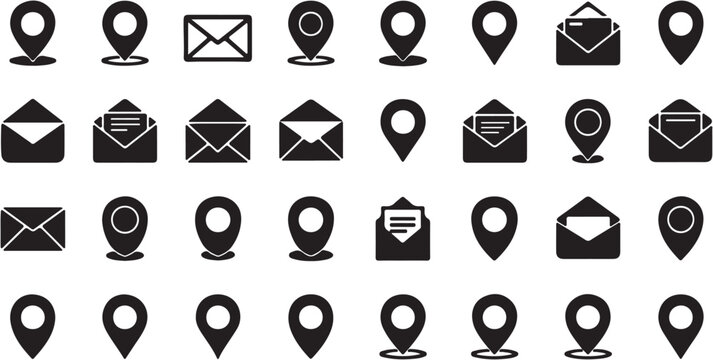 Black icons of location and email.