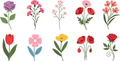 Beautiful botanical collection of colorful spring flowers including roses poppies tulips and wild blossoms vector illustration set for floral wedding greeting card design. © Aminul