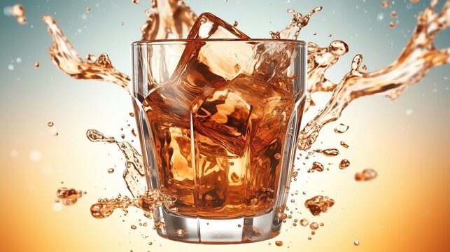 Whiskey and ice in a clear glass with liquid splashing around it dynamically