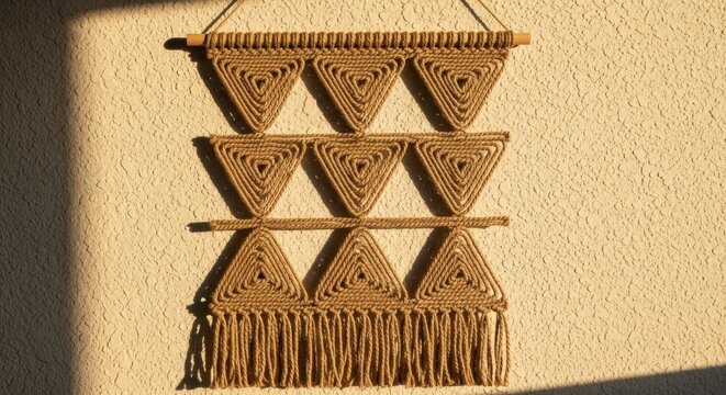Handwoven jute macrame wall hanging with repeating geometric triangle pattern and fringe detail