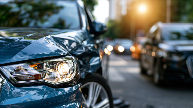 Close up of two vehicle collision damage showing impact area in bright outdoor environment car accident documentation with detailed damage assessment and organized scene