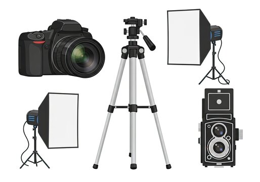 Professional photography gear and studio lighting equipment set on white