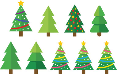Obraz premium Christmas tree vector illustration set with festive decorations, ornaments, garlands, stars, and colorful seasonal holiday design collection for celebration artwork