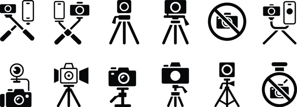 Selfie stick icon set, minimalist mobile photography tool icons including selfie sticks tripods and phone mounts for social media and app UI design.