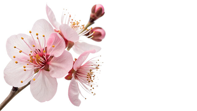 Beautiful pink cherry blossoms on a branch for spring nature floral beauty and decoration isolated on transparent background