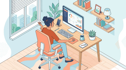 Fototapeta premium An isometric vector illustration of a woman working at a desk with a computer.