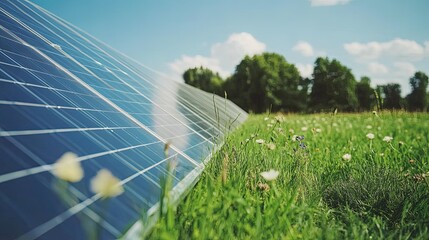 Fototapeta premium Solar panel array stands in a vibrant green field of grass and wildflowers under a clear blue sky, capturing sunlight for sustainable power generation