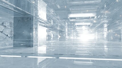 Fototapeta premium Abstract interior of a modern technology corridor, featuring clear glass panels, complex structures, and bright central lighting, creating a sense of digital space and future design