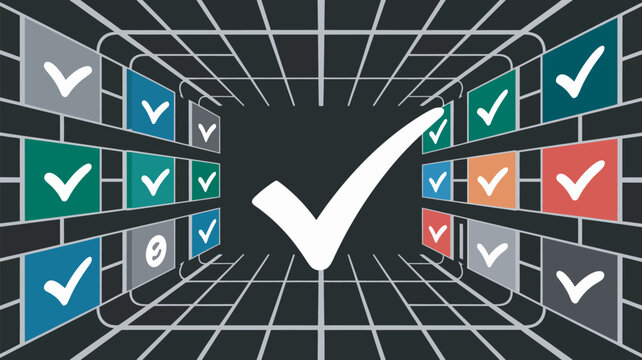 3d checkmark leading through colorful digital approval pathway